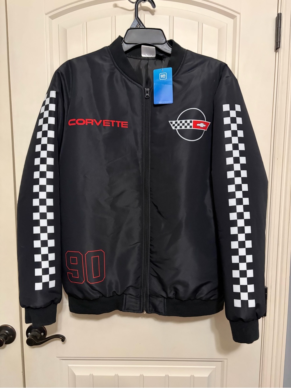 Corvette Men's Black Bomber Jacket with Checkered Sleeve Detail